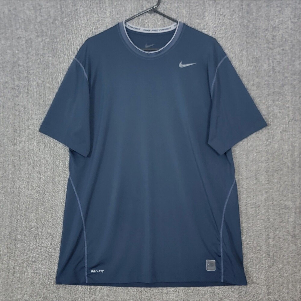 Nike Pro Combat Dri-FIT Fitted Training Shirt Mens XXL Navy Blue Short Sleeve